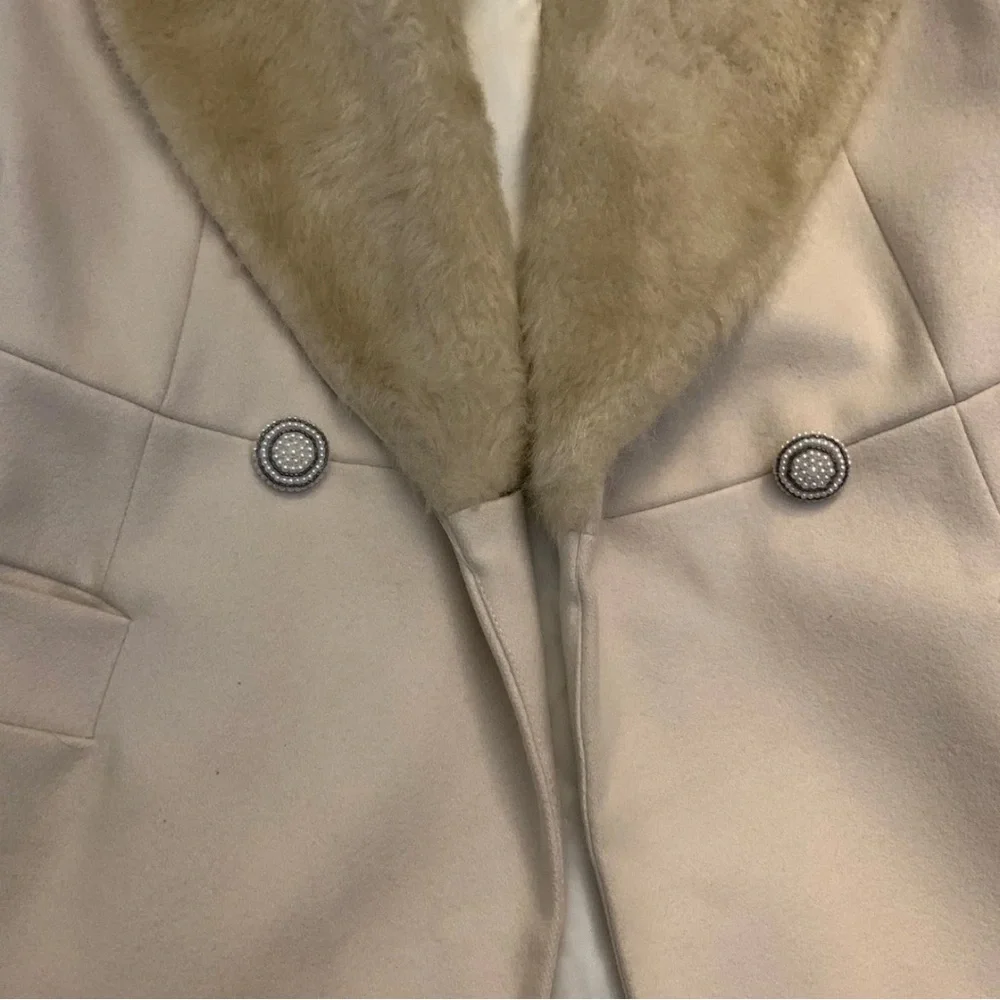 Elegant French Connection Wool Faux Fur Cream Beige Mid Length Coat 6 Tan Jacket - Picture 5 of 13